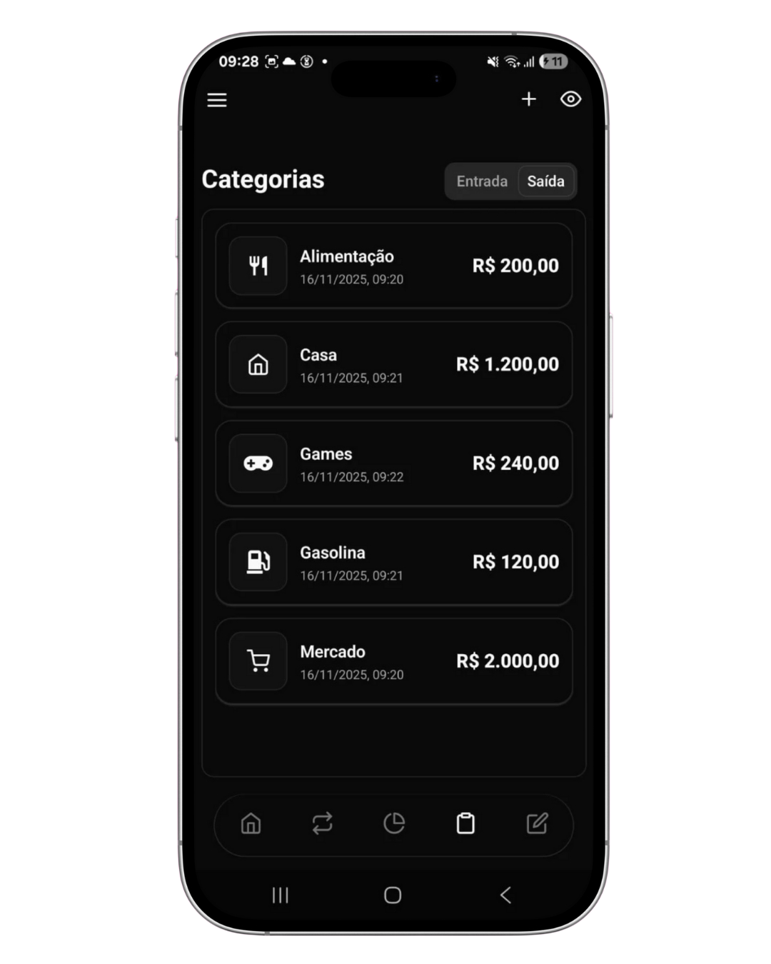 Tela de categorias do My Wallet Local
